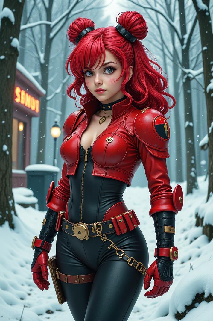 Anime style s May Beetle from Warhammer , universe, Bun Curly red hair, winter