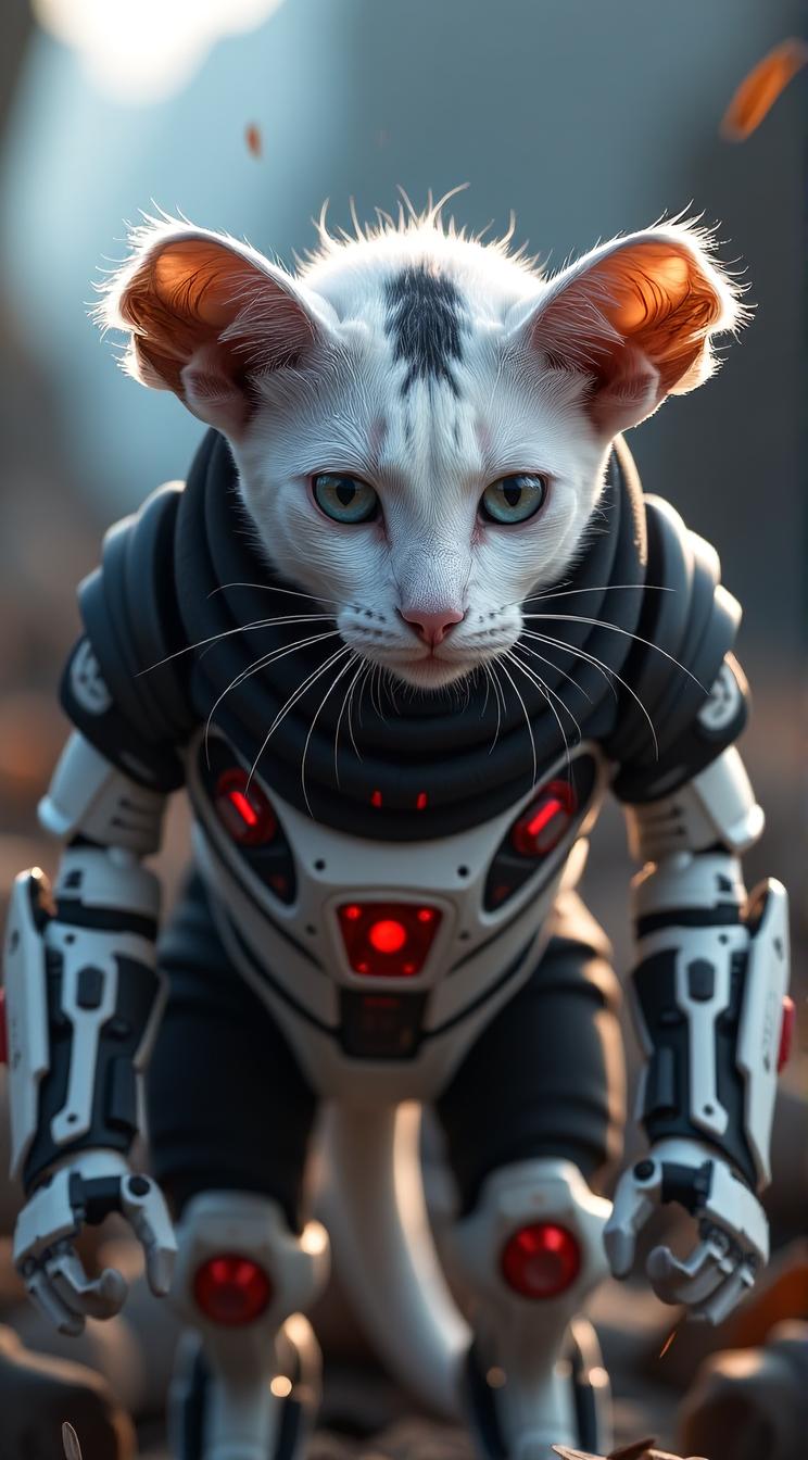 sci fi, digital art, robotic White and Charcoal Black Opossum Cat , wearing cybernetics