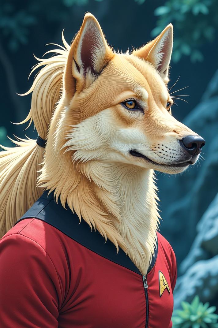 Anime style s Irish WolfHound from Star Trek universe, Pony Tail cream hair, spring, high angle shot