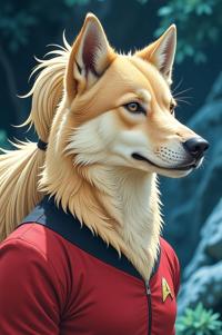 Anime style s Irish WolfHound from Star Trek universe, Pony Tail cream hair, spring, high angle shot