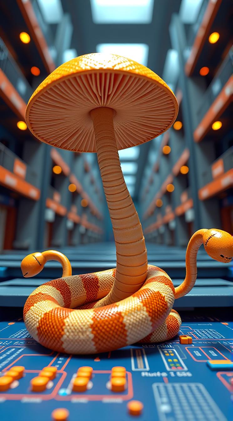 sci fi, digital art, Mushroomcore, robotic Python