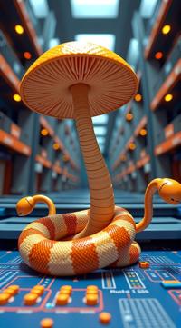sci fi, digital art, Mushroomcore, robotic Python