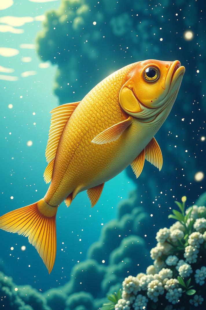 Anime style s Barreleye Fish Barrel Eye from Pixar universe, Right Parting gold hair, summer, aerial view shot