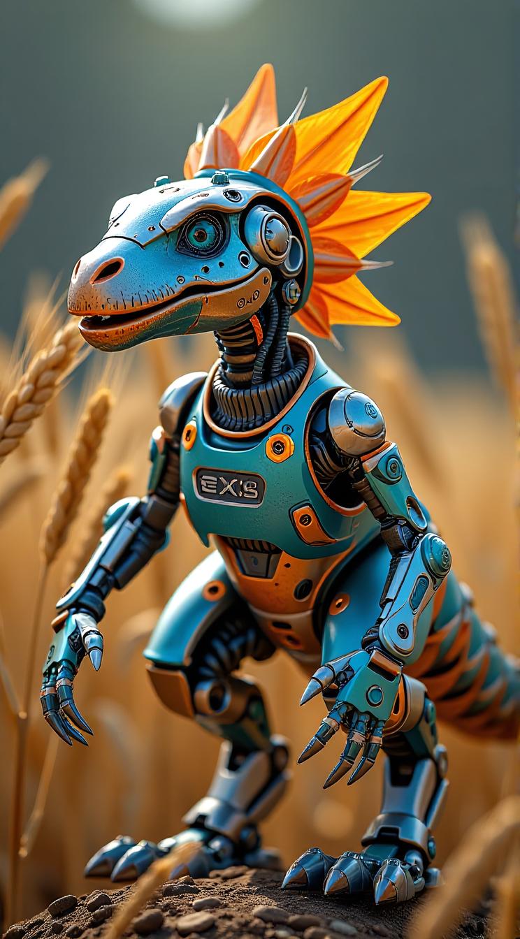 sci fi, digital art, robotic wheat bran o saurus, it is wearing a cybernetics