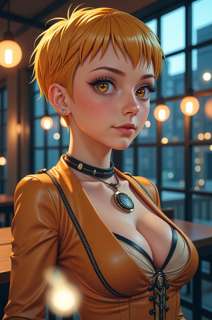 anime style masterpiece,best quality , Buzz Cut saffron hair, spring