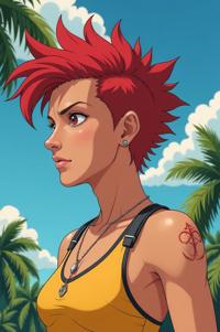 Anime style s Antelope from Narcos universe, Mohawk Flat ruby hair, summer, low angle shot