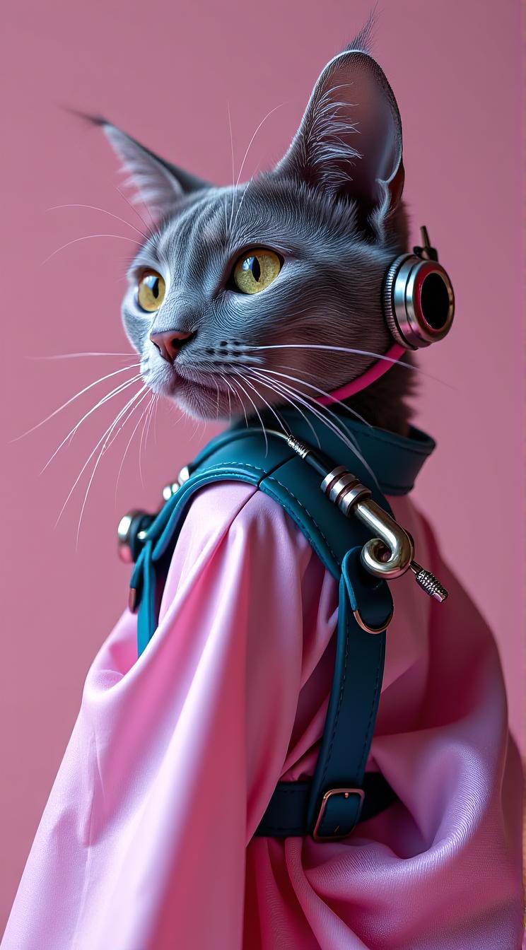 sci fi, designed by Andy Fairhurst Jack Gaughan , digital art, Fashion shot of a robotic Russian Blue Cat Lector