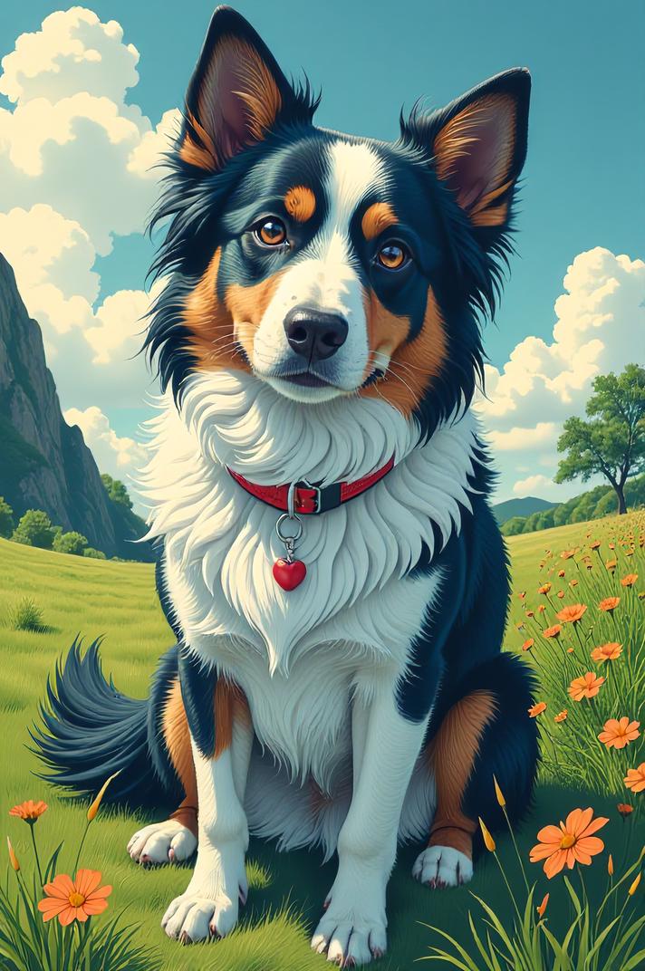 Anime style s Border Collie from Alien universe, Lob cyan hair, summer, high angle shot