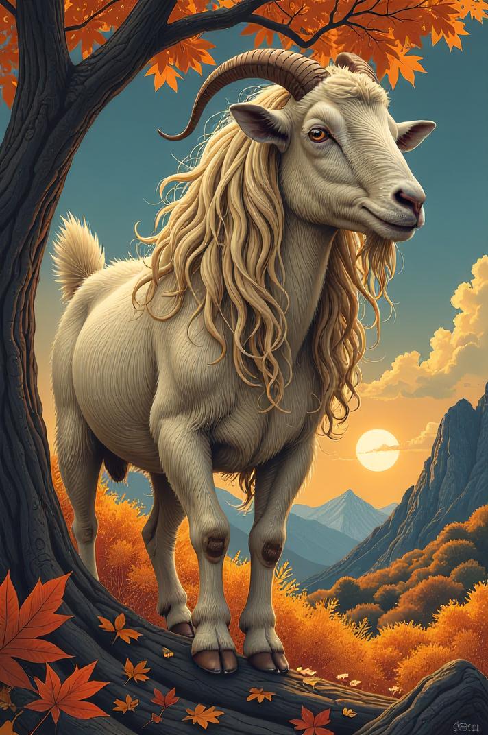 Anime style s Savanna Goat from Doom universe, Long Curly linen hair, autumn, hip level shot