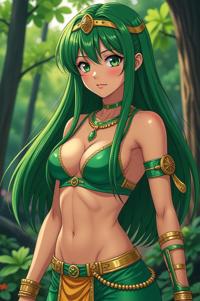 Anime style s Egyptian Cobra Egyptian Asp from The Witcher universe, Center Parting shamrock green hair, summer, hip level shot