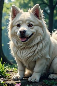 Anime style s Pyrenean Mastiff from Matrix universe, Left Parting orchid hair, spring, from above shot