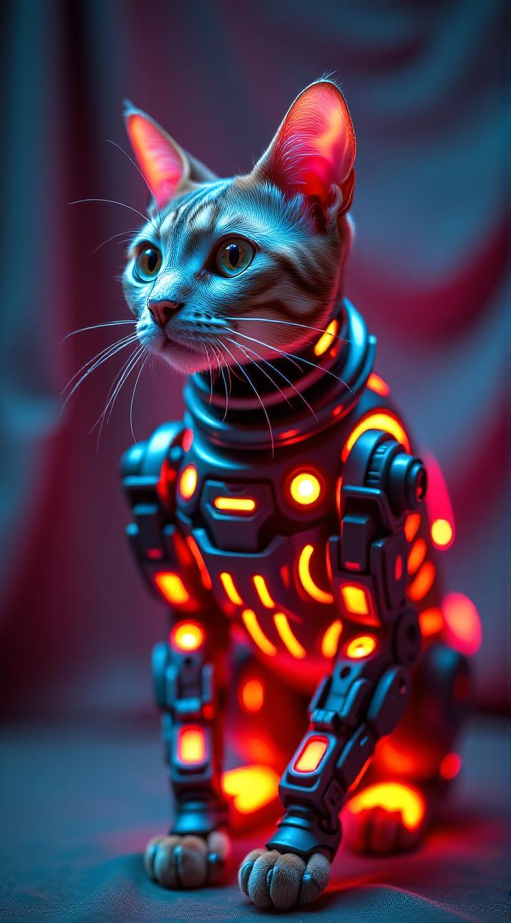 sci fi, digital art, robotic Korat Cat, wearing cybernetics