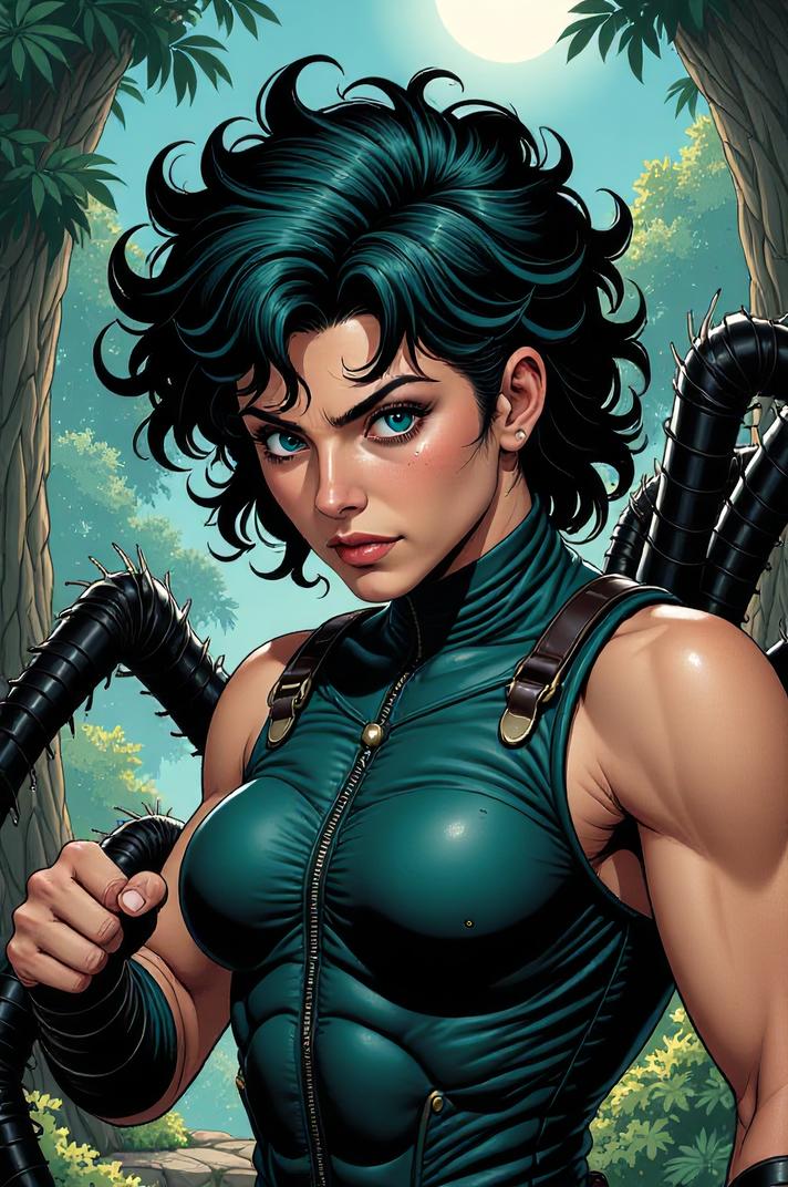 Anime style s Black Tarantula from Mortal kombat universe, Mullet Curly teal hair, spring, high angle shot