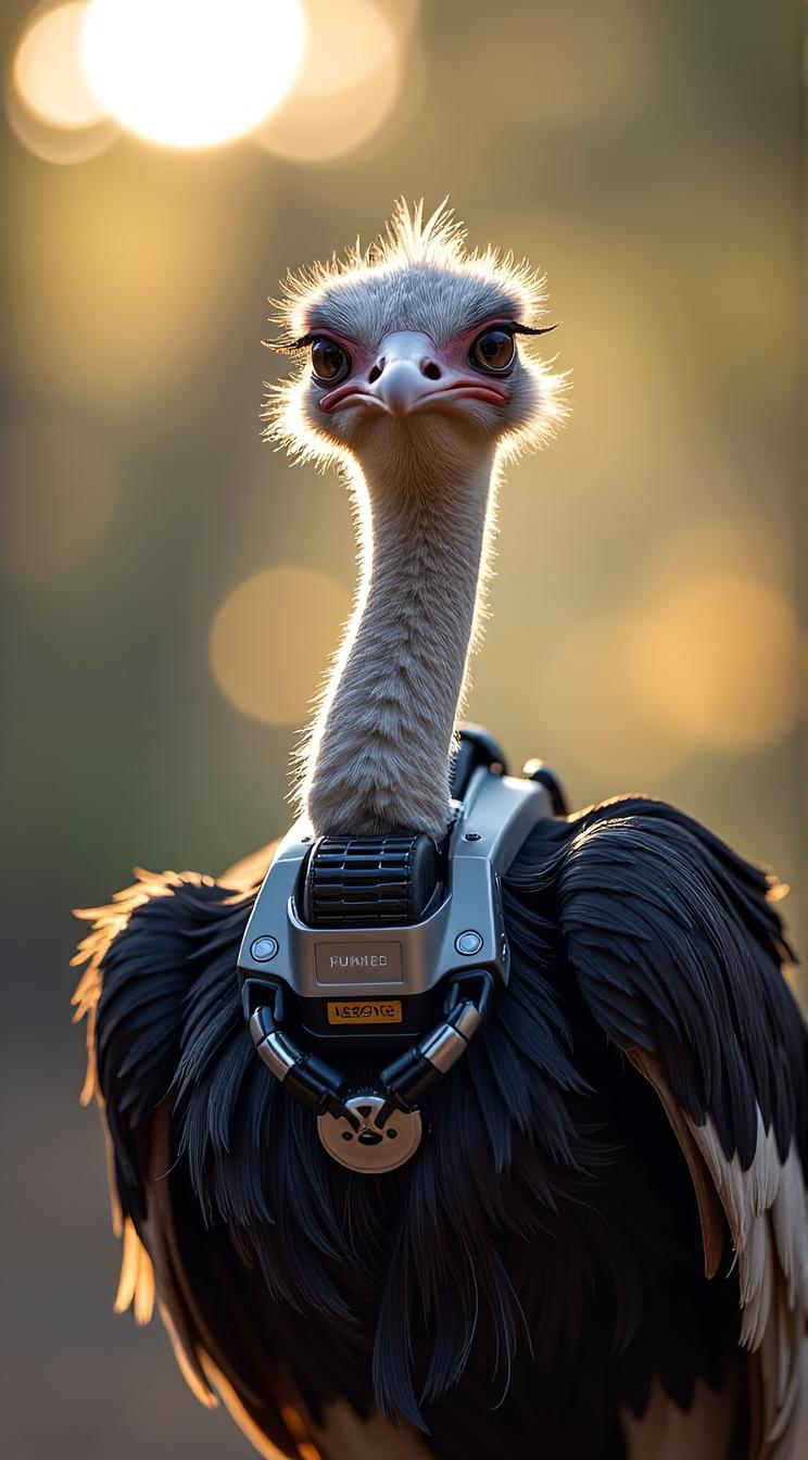 sci fi, digital art, robotic Ostrich, wearing cybernetics