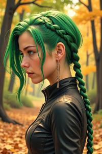 Anime style s Firefly Ball Python from Mad Max universe, Cornrows pine green hair, autumn, Front side back three views shot
