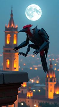 sci fi, digital art, robotic monster Woodpecker Jumping at The Alhambra, wearing cybernetics