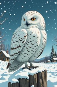 Anime style s Snowy Owl from Fallout universe, Pony Tail firebrick hair, winter, perspective shot