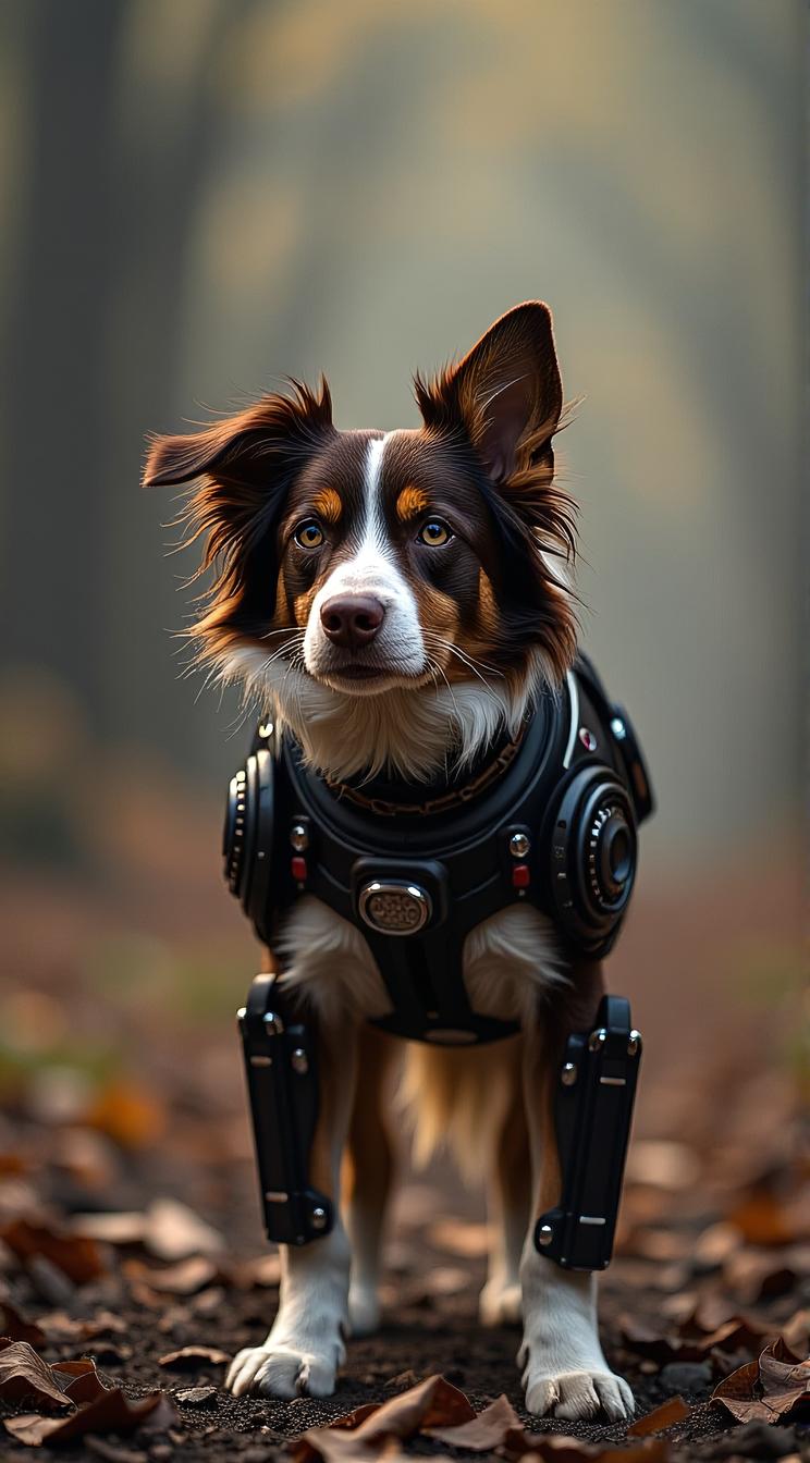 sci fi, art by Virgil Finlay, digital art, modelshoot style shot of a robotic Border Collie