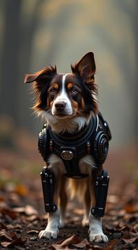 sci fi, art by Virgil Finlay, digital art, modelshoot style shot of a robotic Border Collie