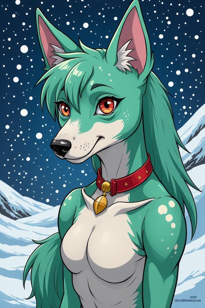 Anime style s Ibizan Hound from Avatar universe, Over Left Eye sea green hair, winter, full body shot