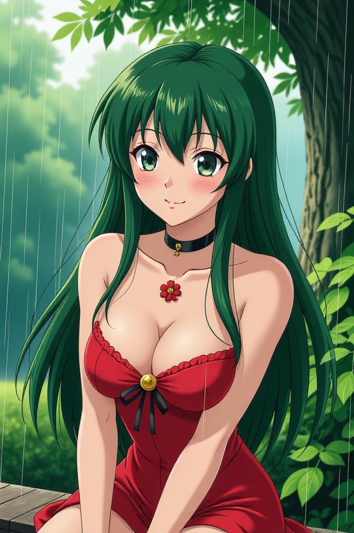 anime style masterpiece,best quality , Long Center Parting camouflage green hair, summer