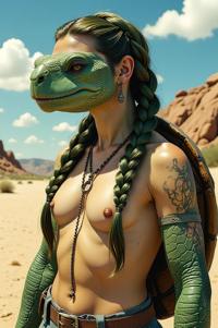 Anime style s Tortoise from Mad Max universe, Longer Braids olivine hair, summer, shoulder level shot