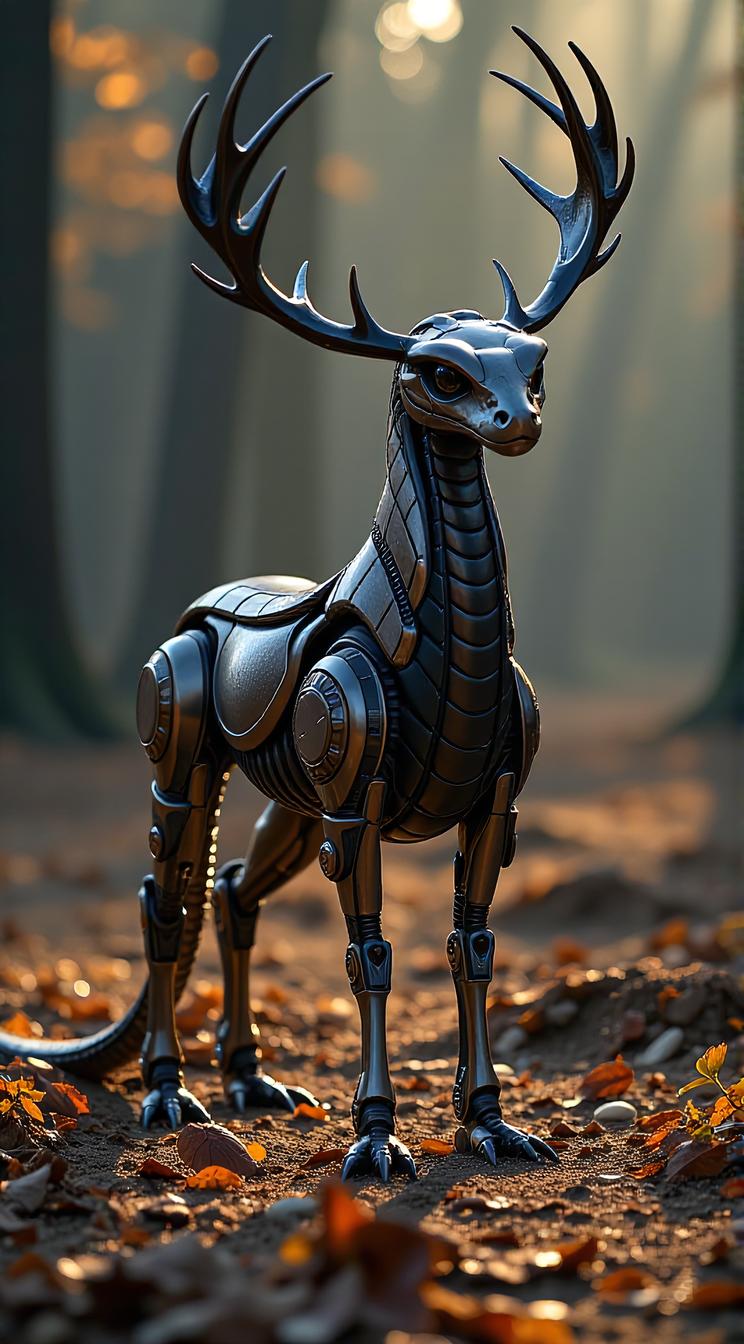 sci fi, art by Naoki Urasawa, digital art, Fashion shot of a robotic Elk Snake