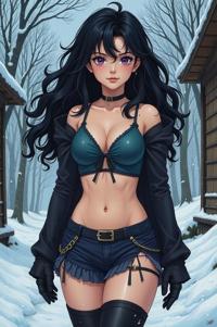 Anime style s Albacore Tuna from World of warcraft universe, Rachel Curly black hair, winter, knee level shot