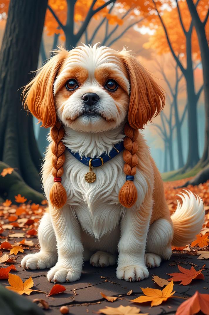 Anime style s Maltese Shih Tzu from The Dark Tower universe, Longer Braids tangerine hair, autumn, ground level shot