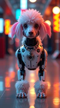 sci fi, digital art, hip level shot of a robotic Poodle Chameleon , wearing cybernetics