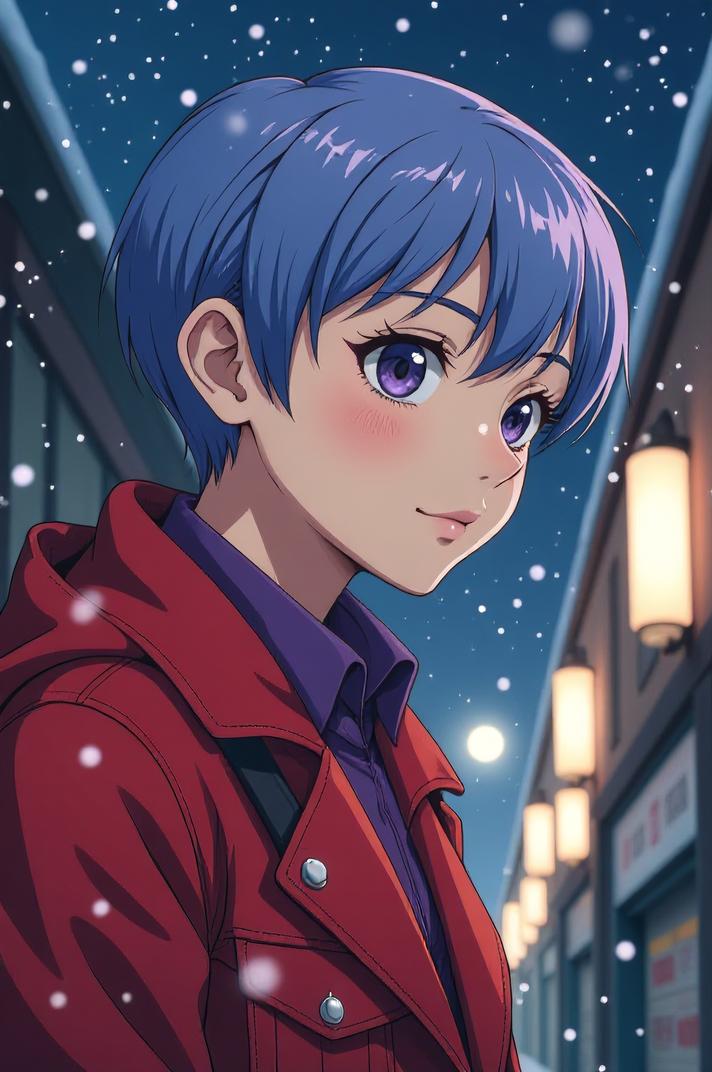 Anime style s Epagneul Pont Audemer from Narcos universe, Crew Cut periwinkle hair, winter, hip level shot