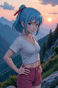 anime style masterpiece,best quality , Grungey Parted powder blue hair, summer