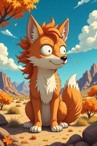 Anime style s Desert Wolf from Rick and Morty universe, Over Eye Curly tangerine hair, autumn, low angle shot