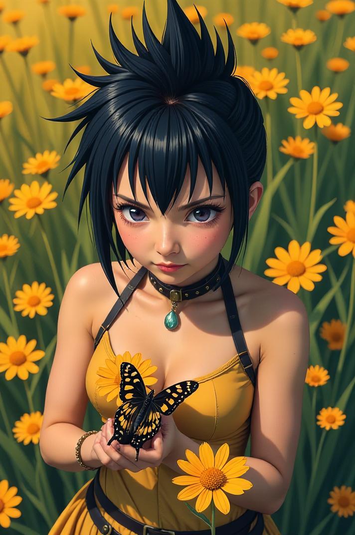 Anime style s Black Swallowtail Caterpillar from Mad Max universe, Mohawk Flat cornflower hair, autumn, aerial view shot