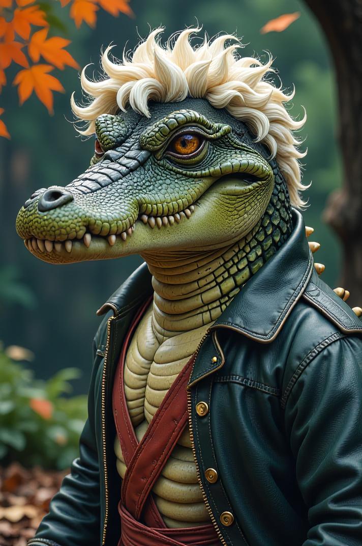 Anime style s Crocodile Monitor from Pirates of the Caribbean universe, Short Curly platinum hair, autumn, expressions shot