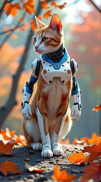 sci fi, art by Moebius and Todd Nauck, digital art, knee level shot of a robotic Japanese Bobtail Cat