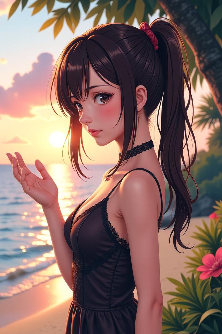 anime style masterpiece,best quality , Right Parting bistre hair, summer