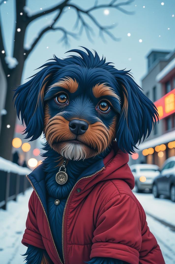 Anime style s Cockapoo from Fargo universe, Cornrows navy blue hair, winter, low angle shot