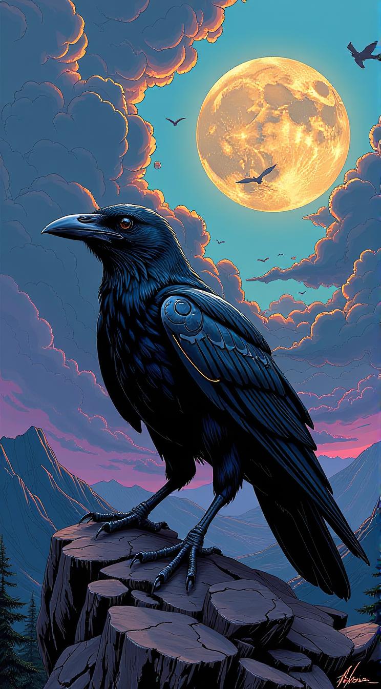 sci fi, digital art, Palauan Celestial realm, robotic Raven