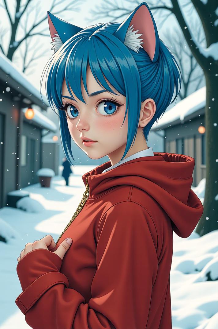 anime style masterpiece,best quality , Buzz Cut blue hair, winter