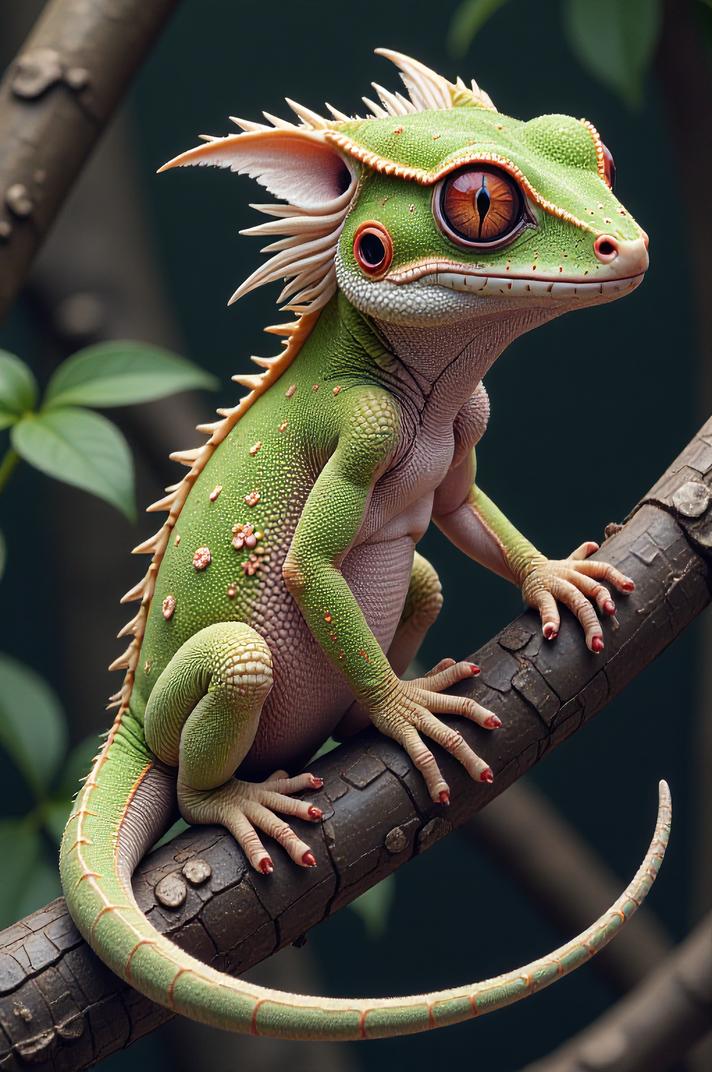 Anime style s Satanic Leaf Tailed Gecko from Warhammer , universe, Lob Curly cream hair, spring