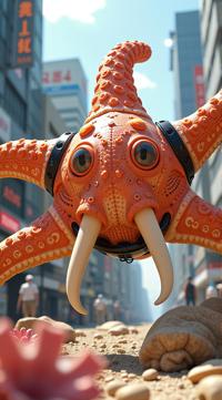 sci fi, digital art, robotic Starfish with Elephant skin, the Starfish is wearing Neo Tokyo cybernetics