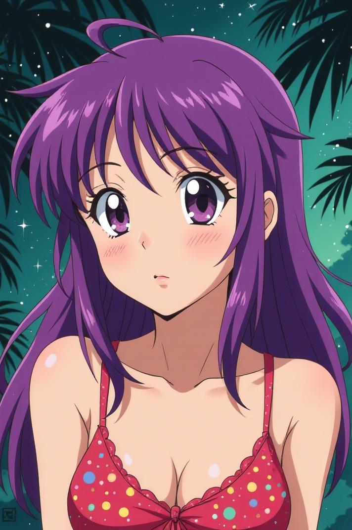 Anime style s Koolie from Alien universe, Lob psychedelic purple hair, summer, expressions shot