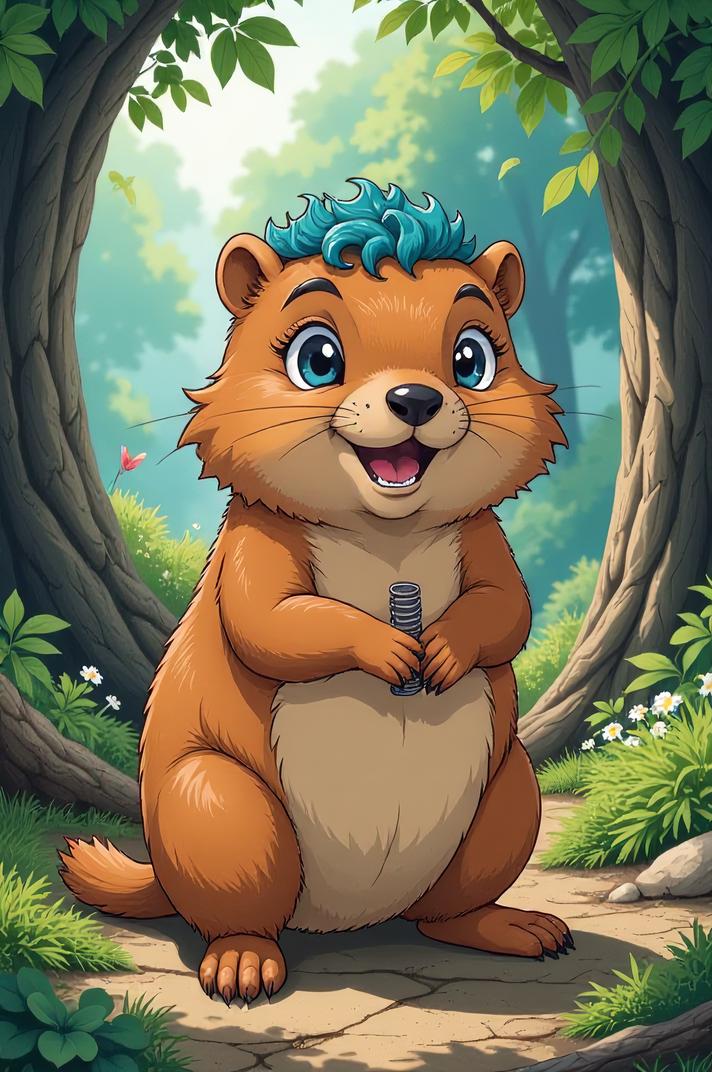Anime style s Groundhog Woodchuck from Harry Potter universe, Short Curly cyan hair, spring, ground level shot