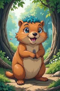Anime style s Groundhog Woodchuck from Harry Potter universe, Short Curly cyan hair, spring, ground level shot