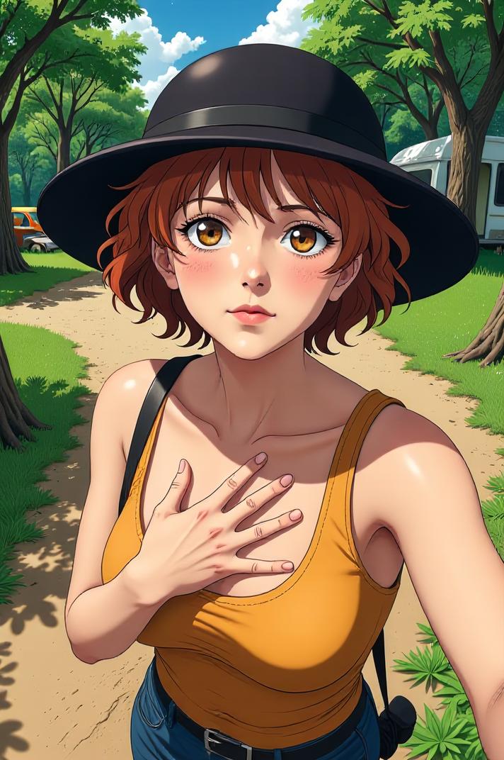 anime style masterpiece,best quality , Short Curly tan hair, summer