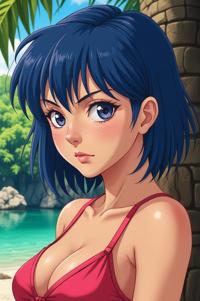 Anime style s Barbet from Mortal kombat universe, Over Left Eye navy blue hair, summer, looking away shot