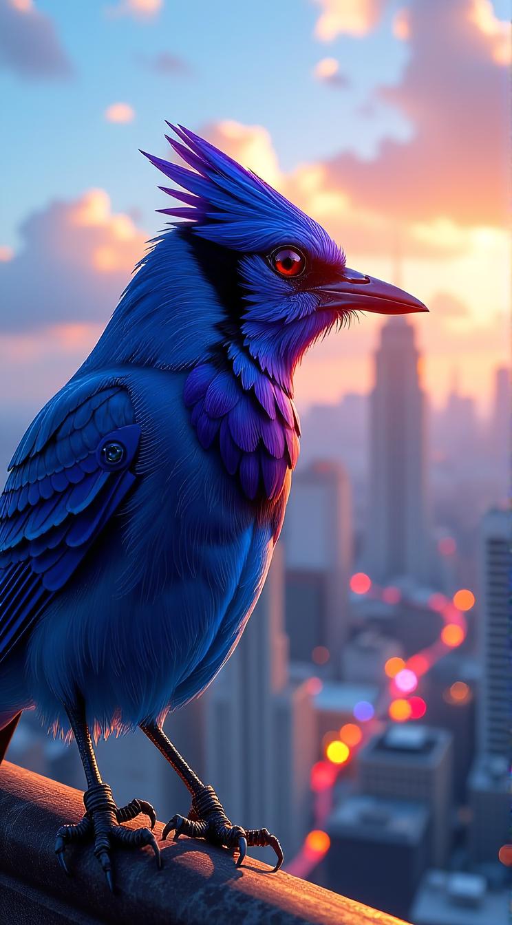 sci fi, stylized by Peter Elson and Mamoru Oshii, digital art, robotic Blue Jay