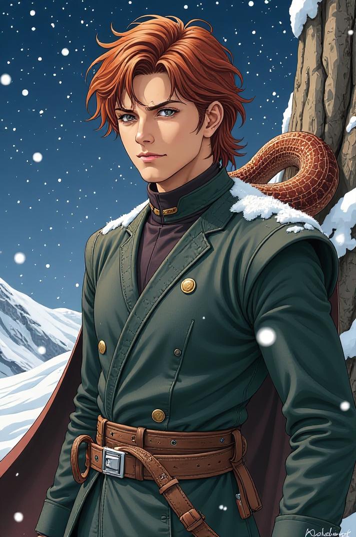 Anime style s Oenpelli python from Star Wars universe, Left Parting russet hair, winter, full body shot