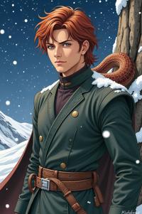 Anime style s Oenpelli python from Star Wars universe, Left Parting russet hair, winter, full body shot